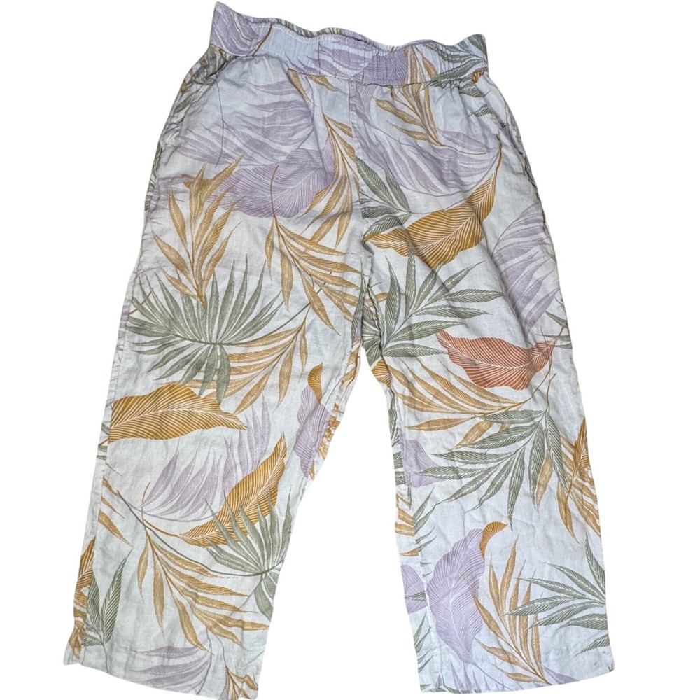 Tahari 100% Linen Tropical Leaf Print Wide Leg Crop Pants Womens Large Coastal